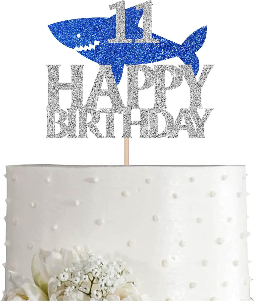 Shark Happy 11th Birthday Cake Topper Blue Silver Glitter Boy Girl 11 Years Ocean Birthday Party Decoration