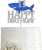 Shark Happy 11th Birthday Cake Topper Blue Silver Glitter Boy Girl 11 Years Ocean Birthday Party Decoration