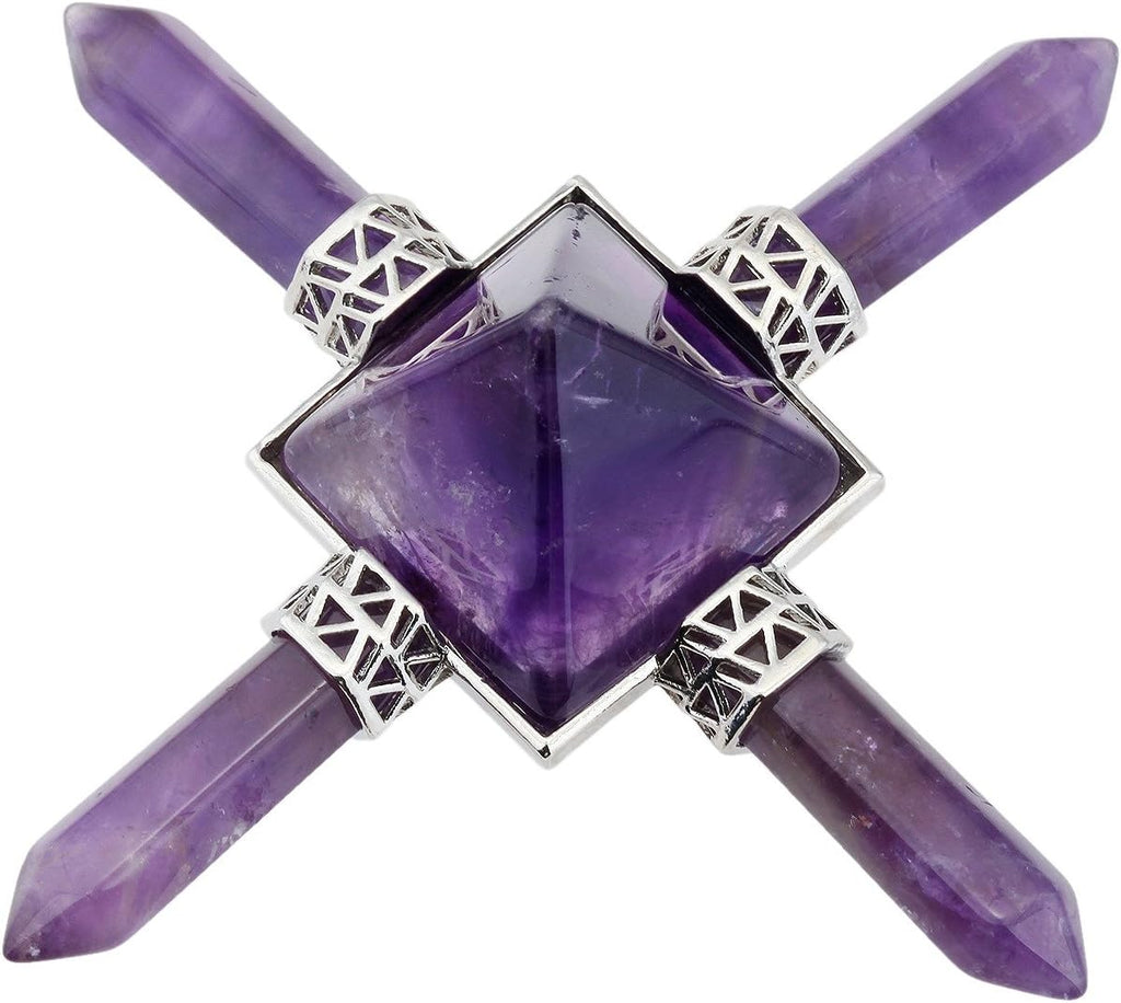 SUNYIK Stone Pyramid Energy Generator, Healing Crystal Point Four Directions Decoration for Reiki Balancing Meditation, Amethyst