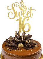 Sweet Sixteen Cake Topper, Sweet 16 Cake Topper, Gold Glitter 16th Birthday Cakes Toppers for Cheers to 16th Years Birthday