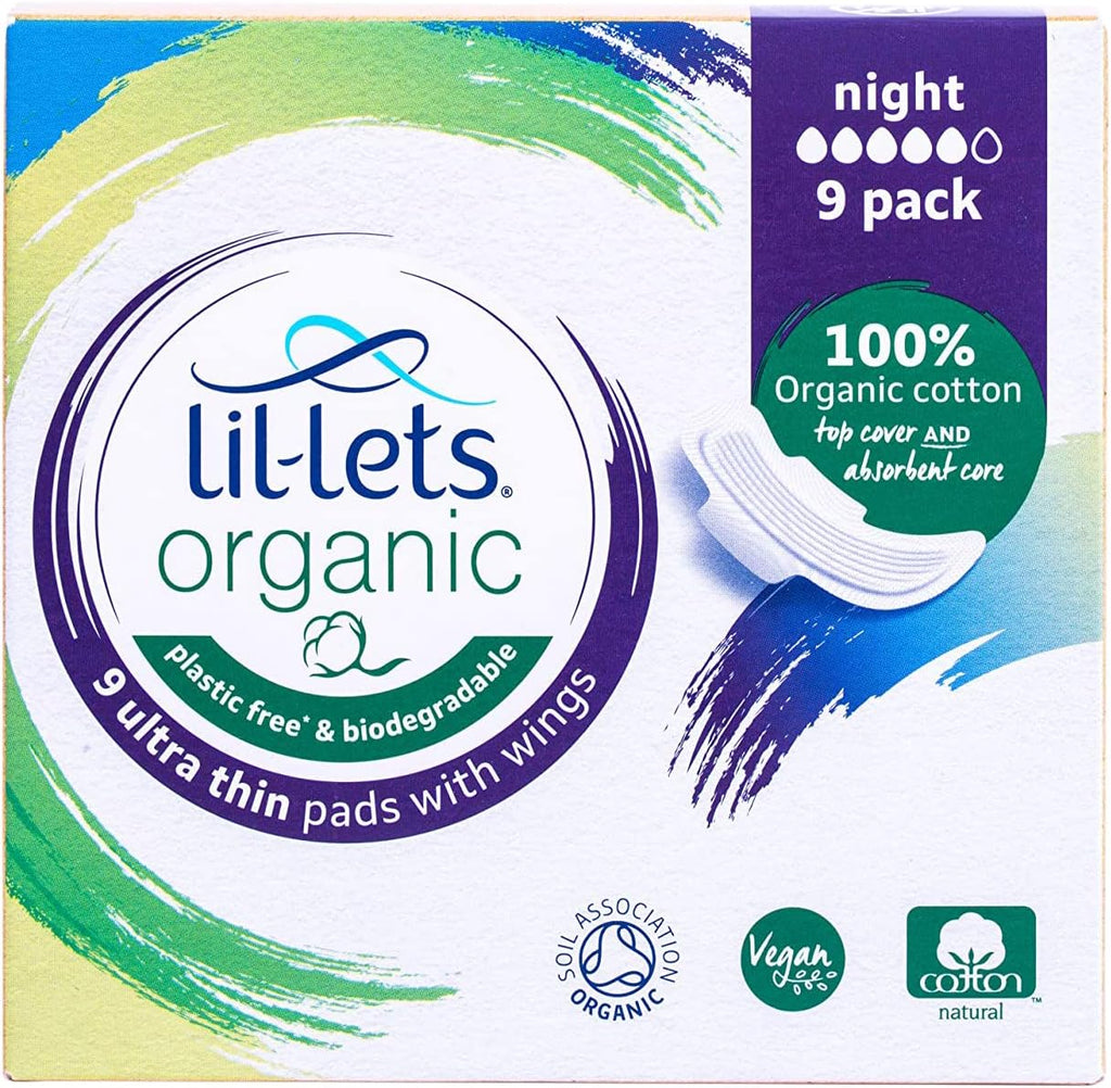 Lil-Lets Organic Night Pads | 9 Pads with Wings | Medium to Heavy Flow