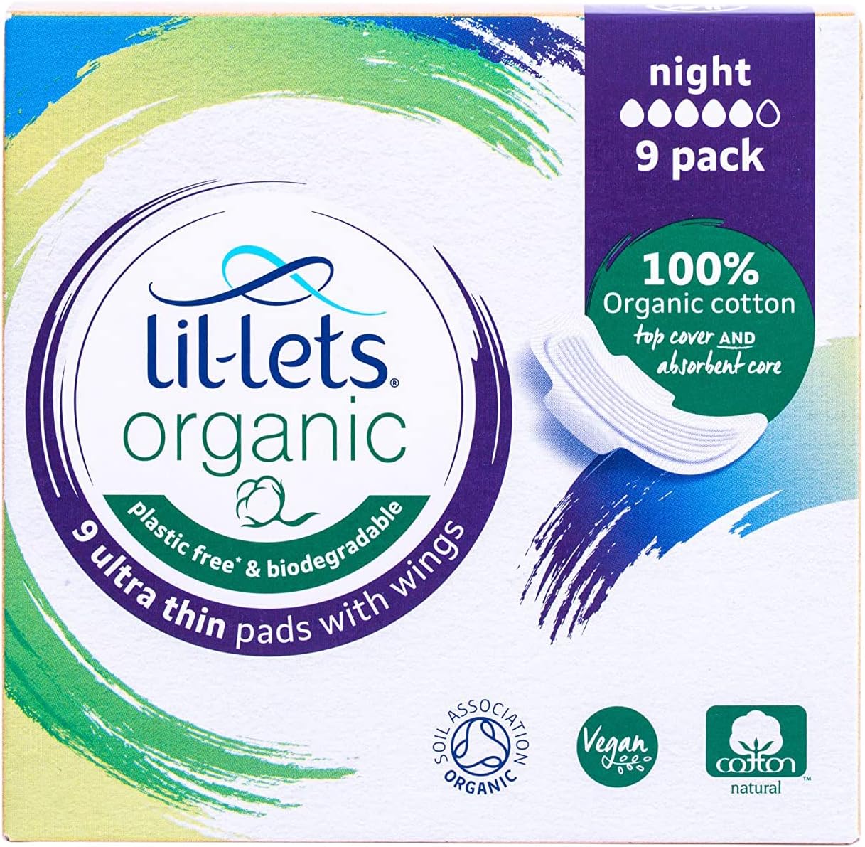 Lil-Lets Organic Night Pads | 9 Pads with Wings | Medium to Heavy Flow