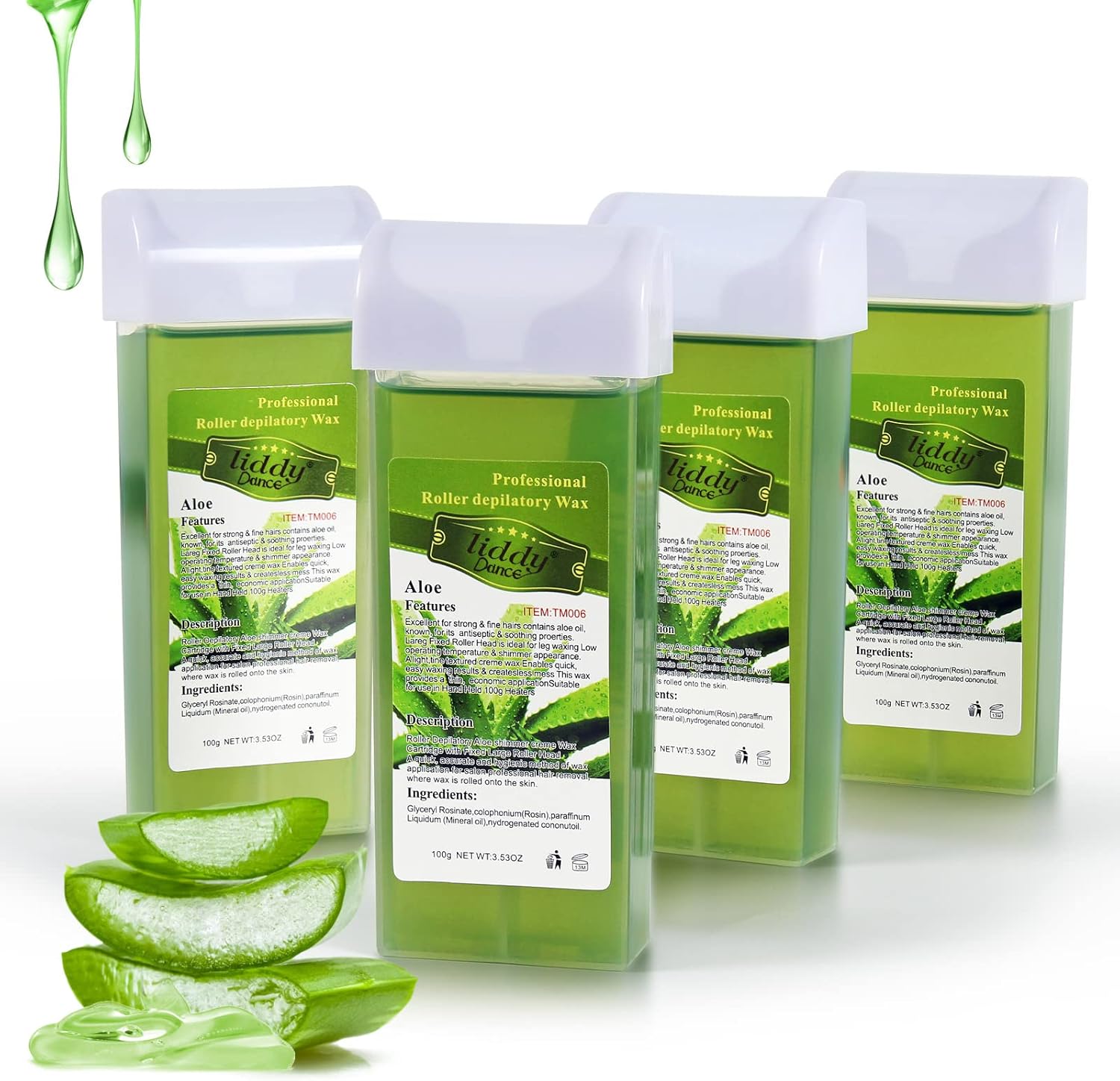 Liddy Dance Hair Removal Wax, Wax Refill, Soft Wax Roller Cartridge for Roll on Waxing Kit, Aloe Depilatory Rolling Wax for Sensitive Skin, 4 Pack (14.1 OZ)