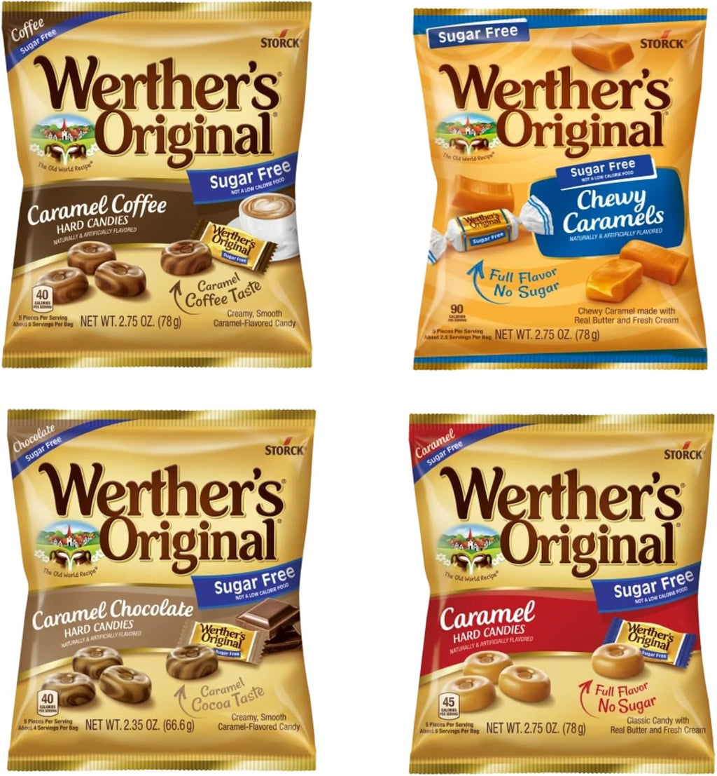 Werther's Original Sugar Free Variety Pack of 4 - One Bag of Each Flavor - Hard Caramels, Caramel Coffee, Caramel Chocolate, and Chewy Caramels
