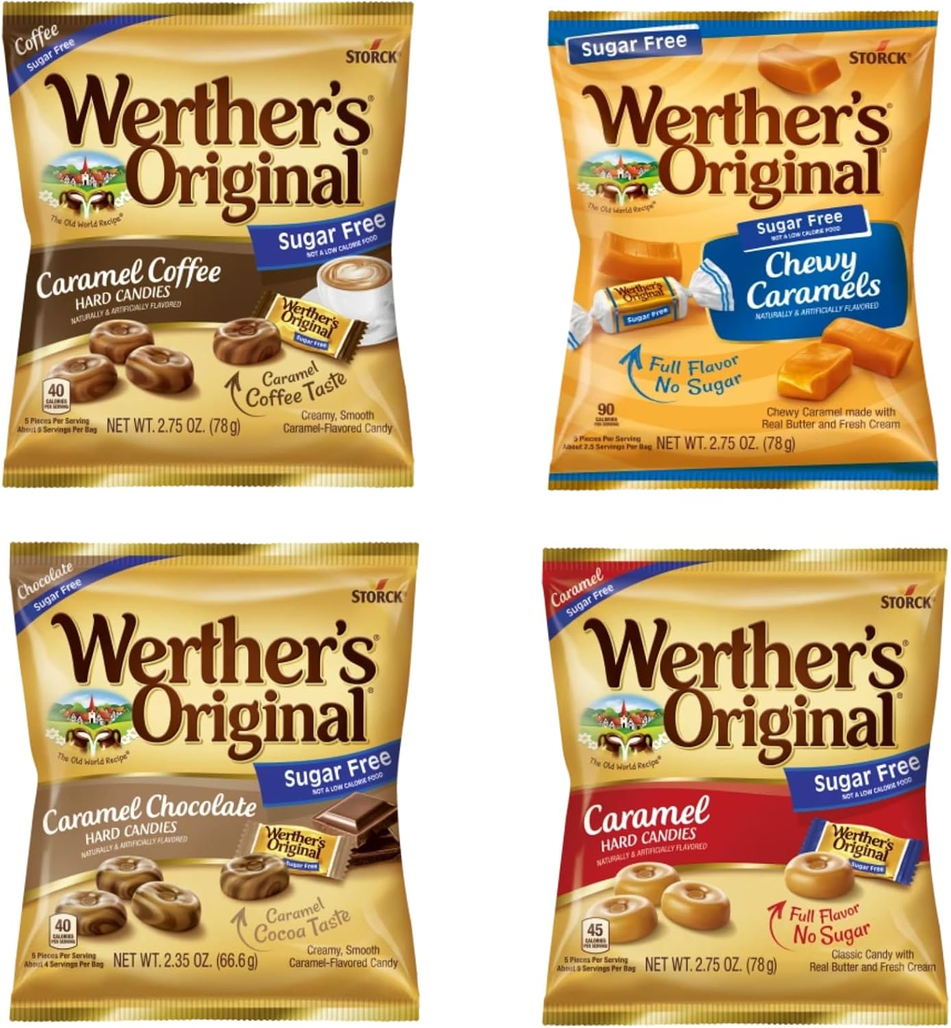 Werther's Original Sugar Free Variety Pack of 4 - One Bag of Each Flavor - Hard Caramels, Caramel Coffee, Caramel Chocolate, and Chewy Caramels