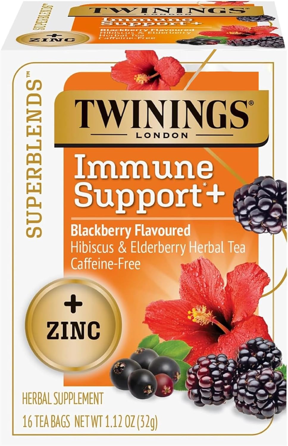 Twinings Superblends Immune Support+ Zinc Blackberry Flavoured Hibiscus & Elderberry Herbal, Naturally Caffeine-Free, 16 Tea Bags (Pack of 1), Enjoy Hot or Iced