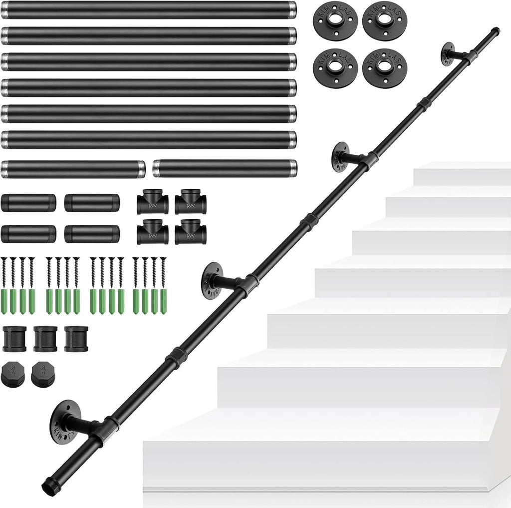 Tanice Stair Handrail, 3M Black Banister Handrail, Industrial Pipe Clothes Rail, Outdoor Indoor Industrial Pipe Stair Banister for Elder and Child