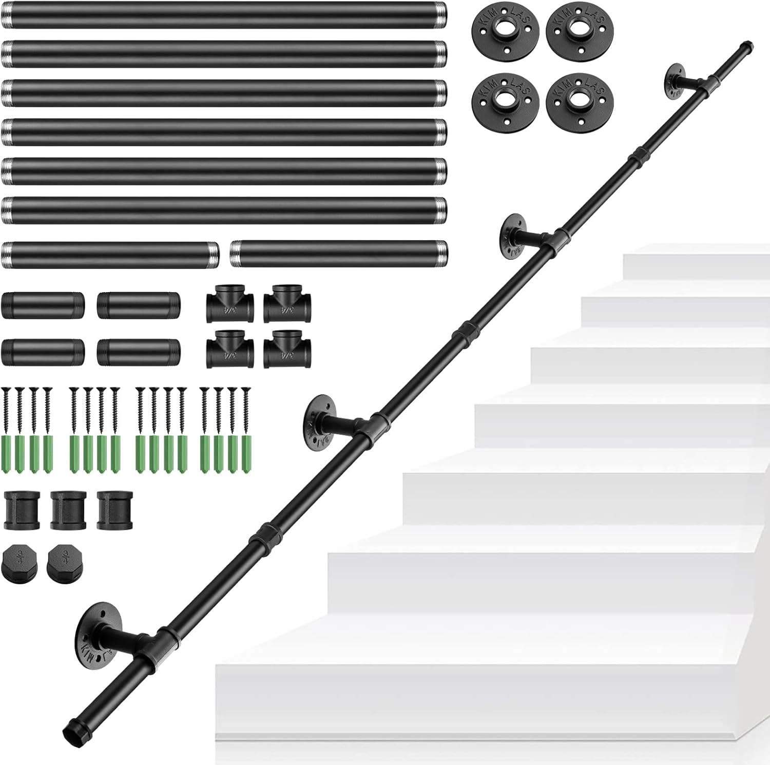 Tanice Stair Handrail, 3M Black Banister Handrail, Industrial Pipe Clothes Rail, Outdoor Indoor Industrial Pipe Stair Banister for Elder and Child