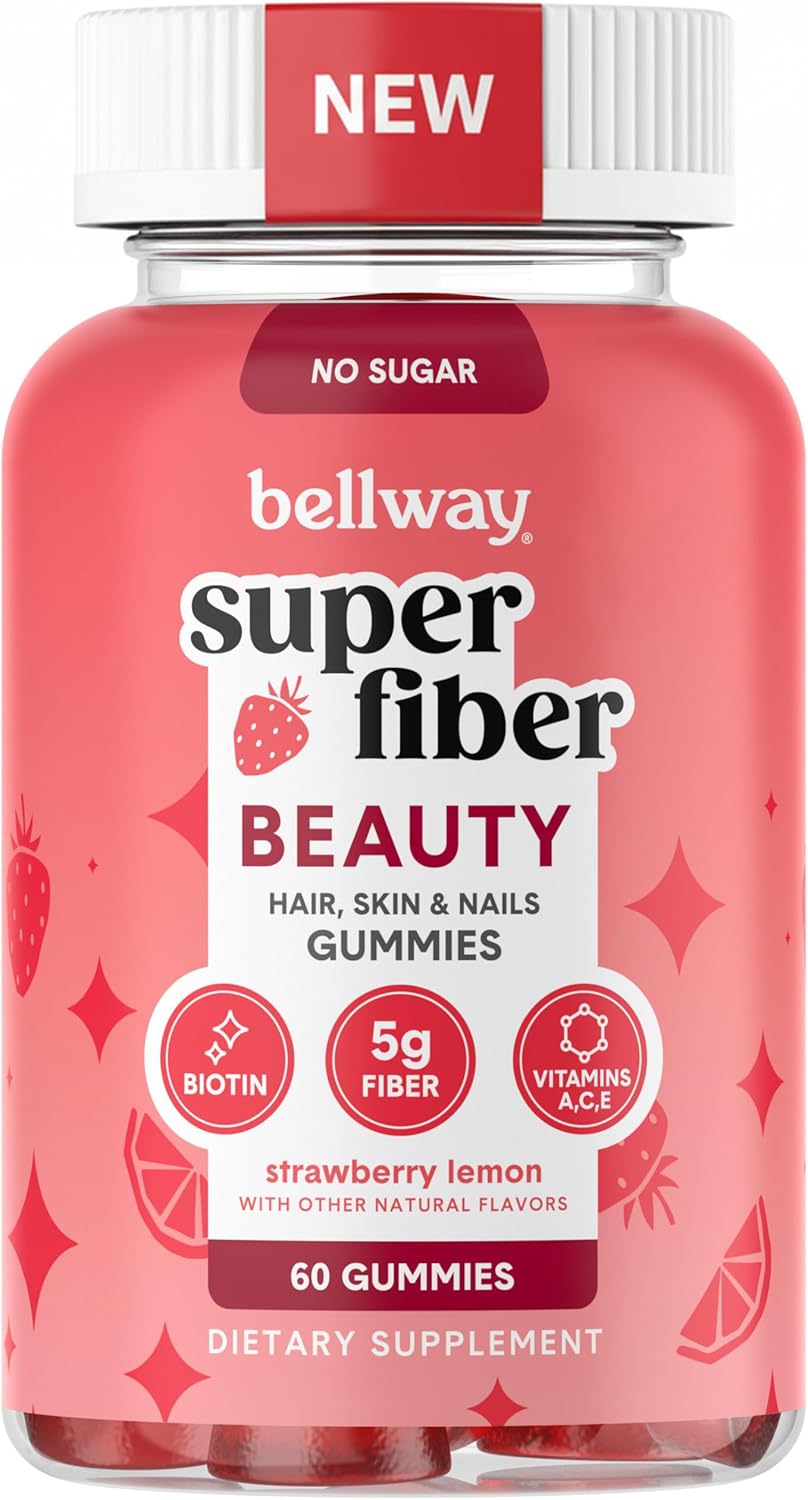 Bellway Super Fiber Gummies + Beauty – Sugar Free Fiber Supplement with Biotin & Vitamins A C E – Supports Digestive Health, Skin, Hair & Nails - 60 Count