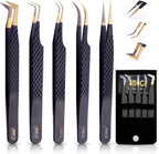 5 Pcs Fiber-Tip Japanese Steel Lash Tweezer Set with Leather Case, Professional Eyelash Tweezers for Lash Extensions – Titanium Coated, 90 & 45 Angled, Precision Pointed Tweezers (MATT BLACK)
