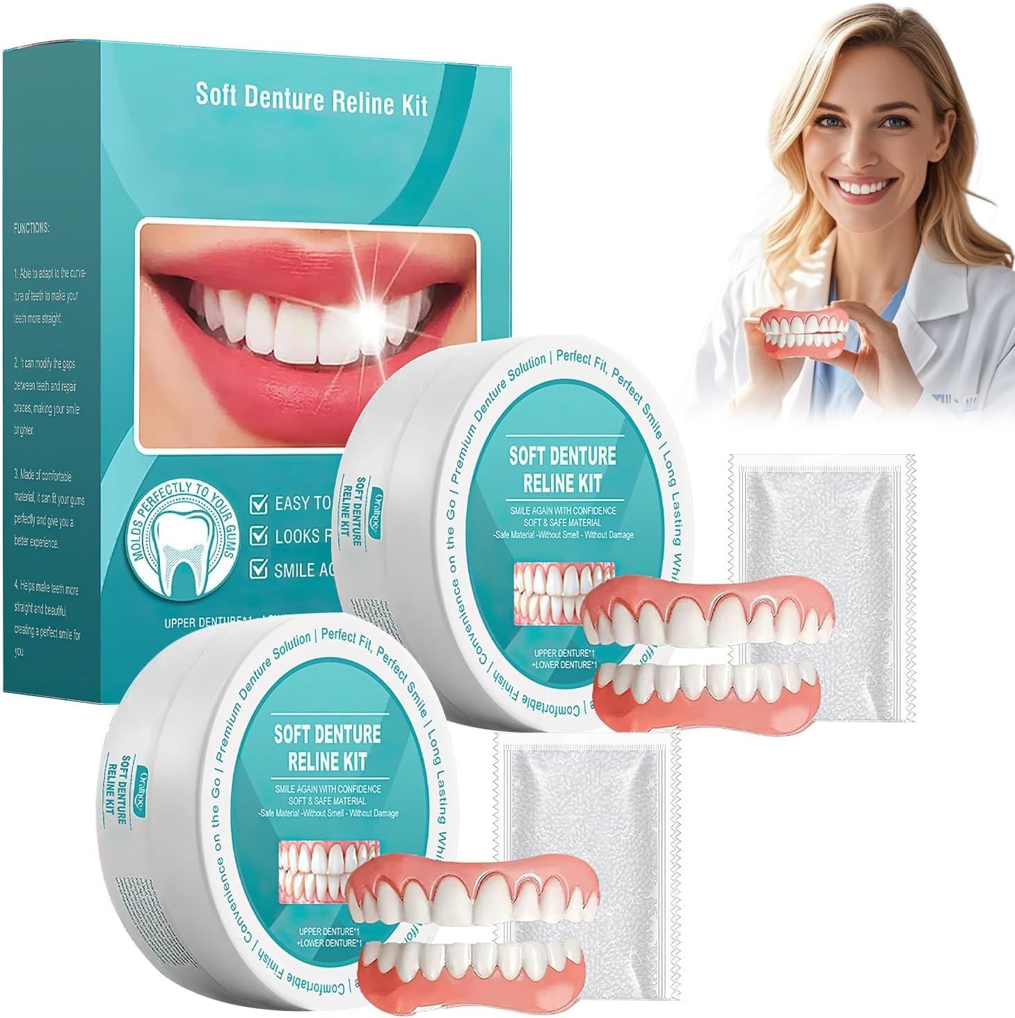 2 Pcs Minceetbien Dentures, Minceetbien Silicone Reline Denture Set, Adjustable Snap-in Dentures, Upper and Lower Denture Kit, Comfortable and Waterproof Fake for Instant Smile Restoration