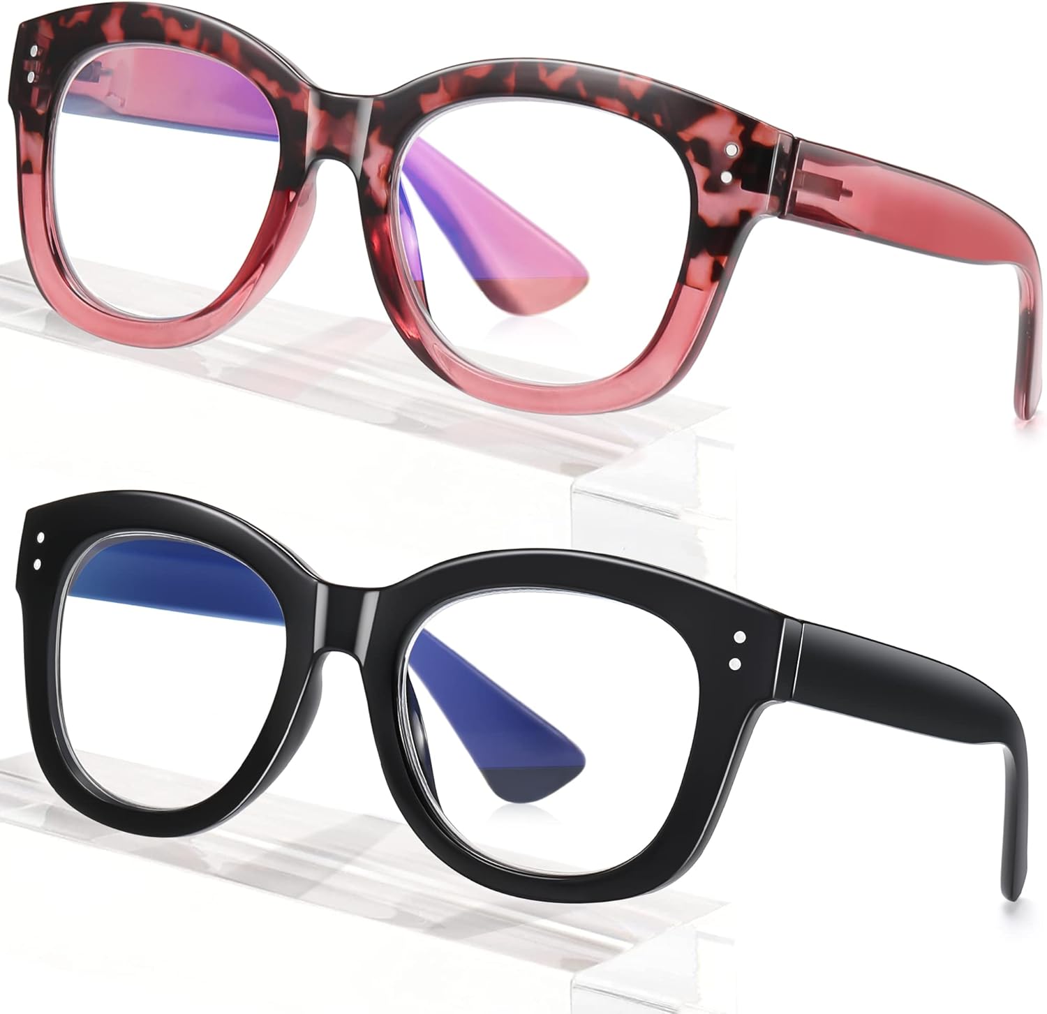 EYEGUARD 2 Pack Oversized Reading Glasses for Women Blue Light Blocking Eyeglasses Fashion Spring Hinge Readers