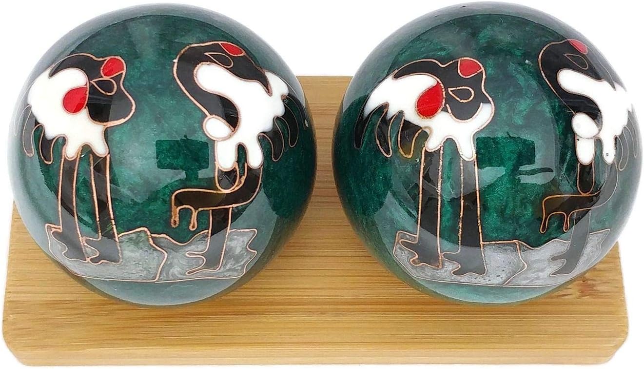 Top Chi Chiming Crane Baoding Balls with Bamboo Stand. (Medium 1.6 Inch)