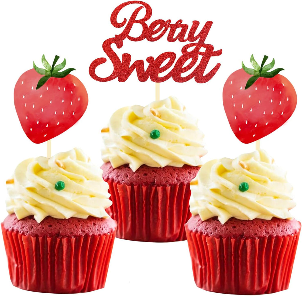 24 Pcs Strawberry Cupcake Topper Glitter Berry Sweet Cupcake Topper for Berry Rush Strawberry Theme Kids Birthday Frutti Party Baby Shower Wedding Bridal Shower Supplies (Berry Sweet Red)