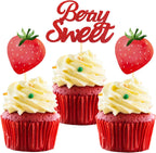 24 Pcs Strawberry Cupcake Topper Glitter Berry Sweet Cupcake Topper for Berry Rush Strawberry Theme Kids Birthday Frutti Party Baby Shower Wedding Bridal Shower Supplies (Berry Sweet Red)