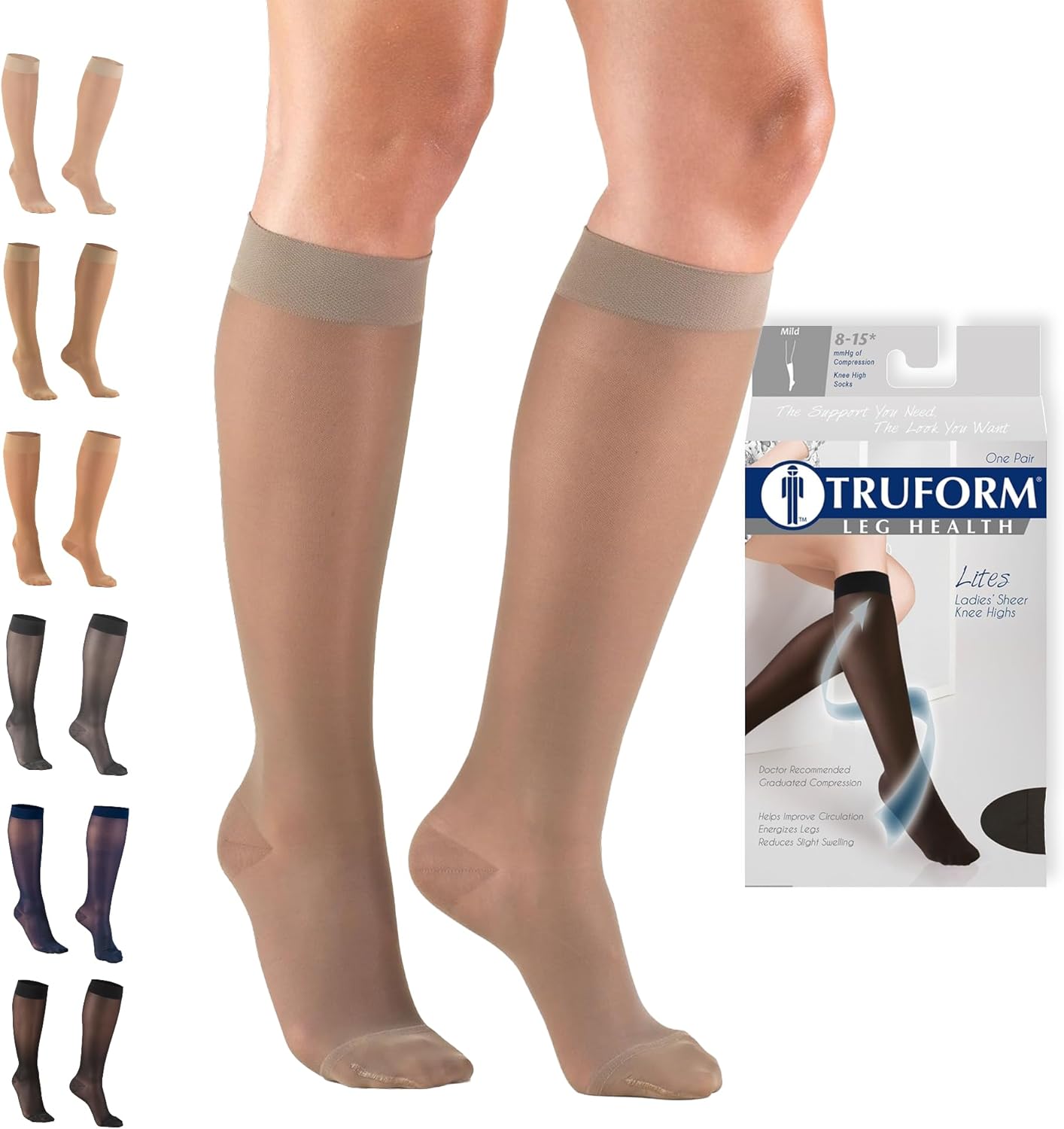 Truform Sheer Compression Stockings, 8-15 mmHg, Women's Knee High Length, 20 Denier, Taupe, Large