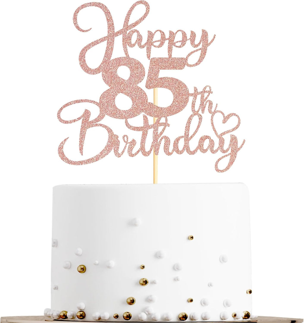 Sotpot 1 Pack 85th Birthday Cake Topper Double-sided Rose Gold Glitter Cake Pick Cake Decoration for Happy 85th Birthday Anniversary Party Decorations