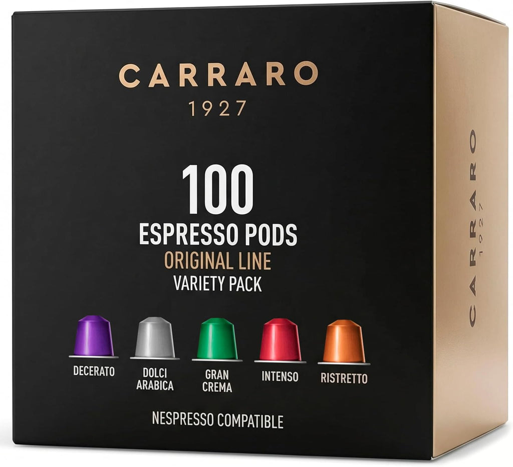 CARRARO Variety Pack - 100 Espresso Capsules Compatible with Nespresso Original Line Machines - Medium & Dark Roast Coffee Pods, Aluminum Capsules 10 Packs, Made in Italy (Premium Gift Box Not Included)