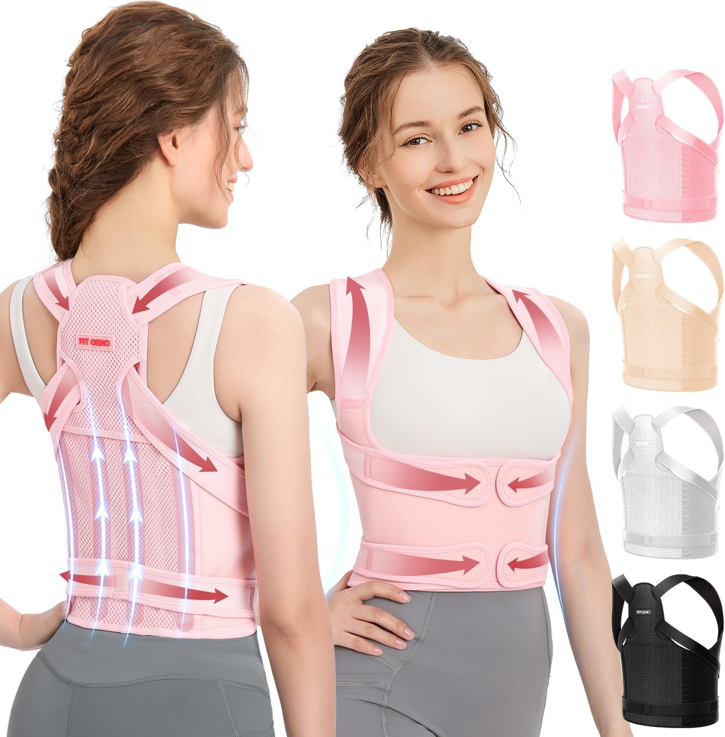 Fit Geno Back Brace and Adjustable Posture Corrector And Trainer for Women and Men, Back Straightener, Scoliosis and Hunchback Correction, Back Pain, Spine Support, Pink, Medium (Waist 34-41 Inch)