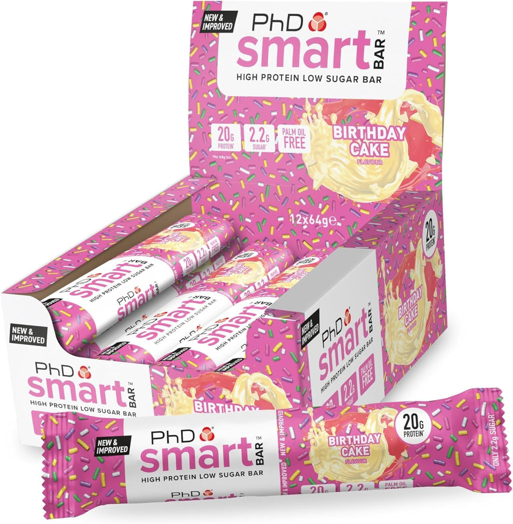PhD Smart Bar-High Protein Low Sugar Bar, Birthday Cake, 64 g, Pack of 12