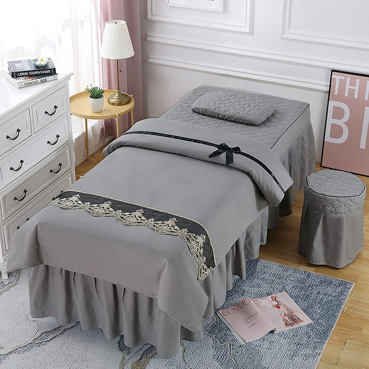 KKLT 4-Piece Microfiber Massage Table Sheet Set,Soft Solid Color Massage Table Skirt Machine Washable Salon Bed Cover for Massage Tables-Grey 190x75cm(75x30inch)