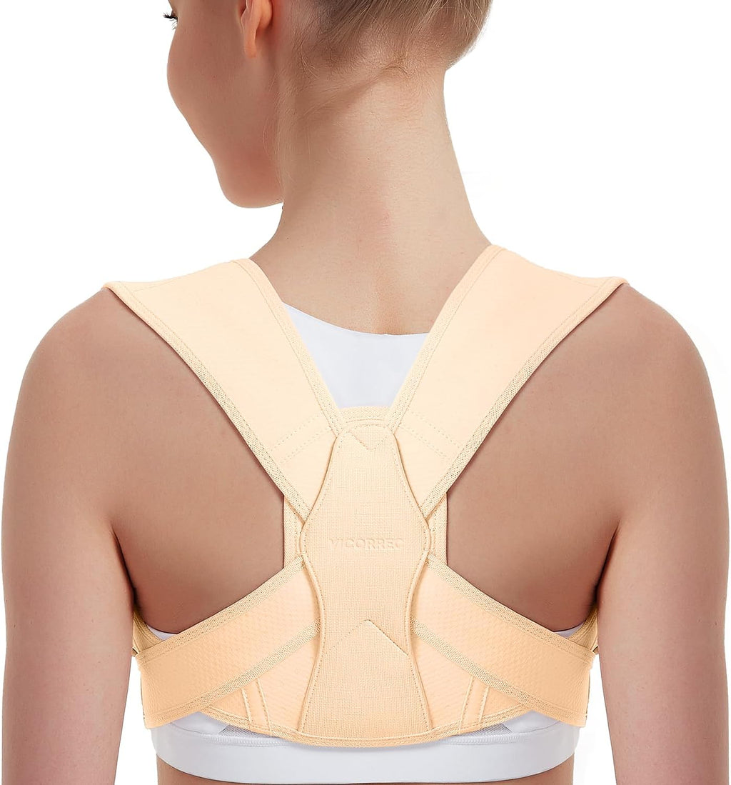 Vicorrect Posture Corrector for Women and Men, Adjustable Upper Back Brace for Clavicle Support and Providing Pain Relief from Neck, Shoulder, and Upper Back (Beige, Small/Medium)