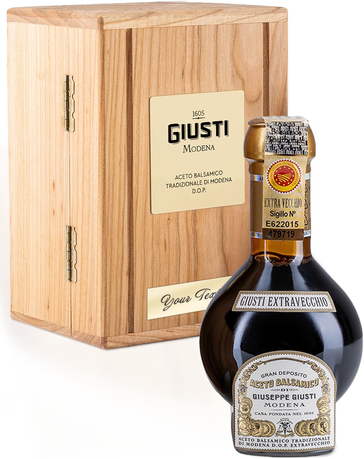 Giusti Custom-Engraved Traditional Aged Balsamic Vinegar of Modena DOP - 25 Years, Extravecchio Aceto Balsamico with Wooden Box & Personalized Golden Plate -Made in Italy Gift Set - 3.4 fl oz (100 ml)