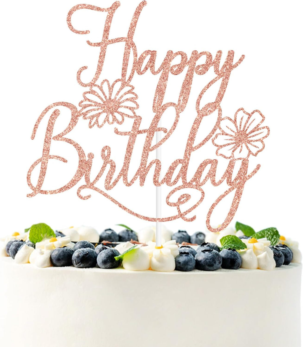 Rose Gold Spring Wildflower Happy Birthday Cake Topper, She is A Wildflower Decor, Spring Flower Themed Birthday Party Decorations Supplies