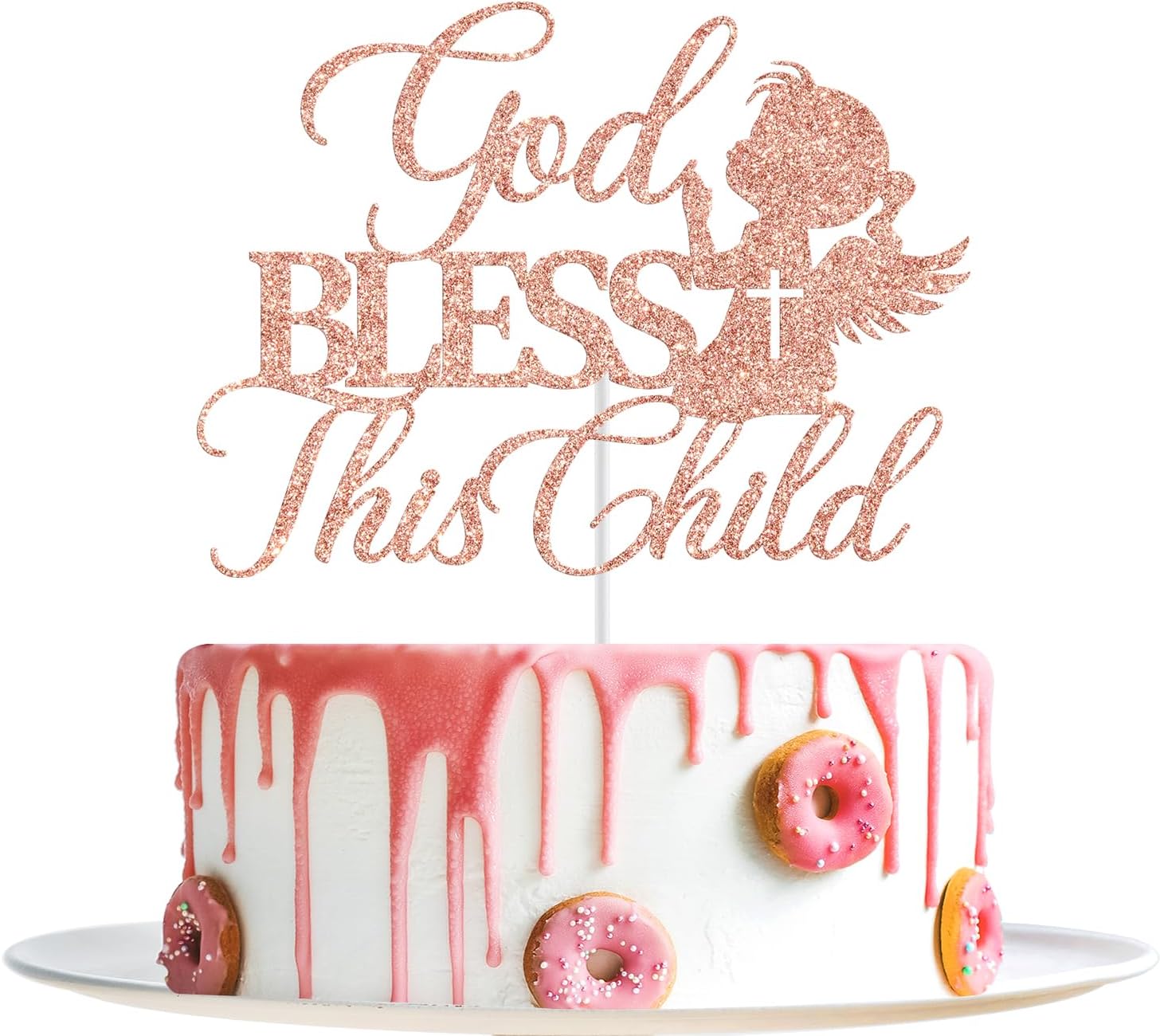 God Bless This Child Cake Topper, Girl Baptism Cake Topper, Religious Baptism Christening Baby Shower 1st Birthday Party Decorations, Rose Gold Glitter