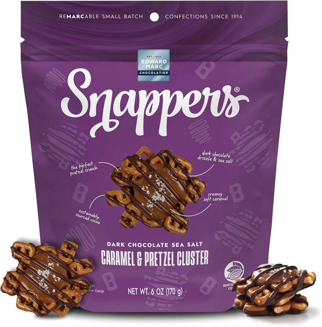 Edward Marc Dark Chocolate Sea Salt Caramel & Pretzel Cluster- Crunchy snappers- Gourmet Chocolate Gift - 6 oz Bag - (6 Pack)