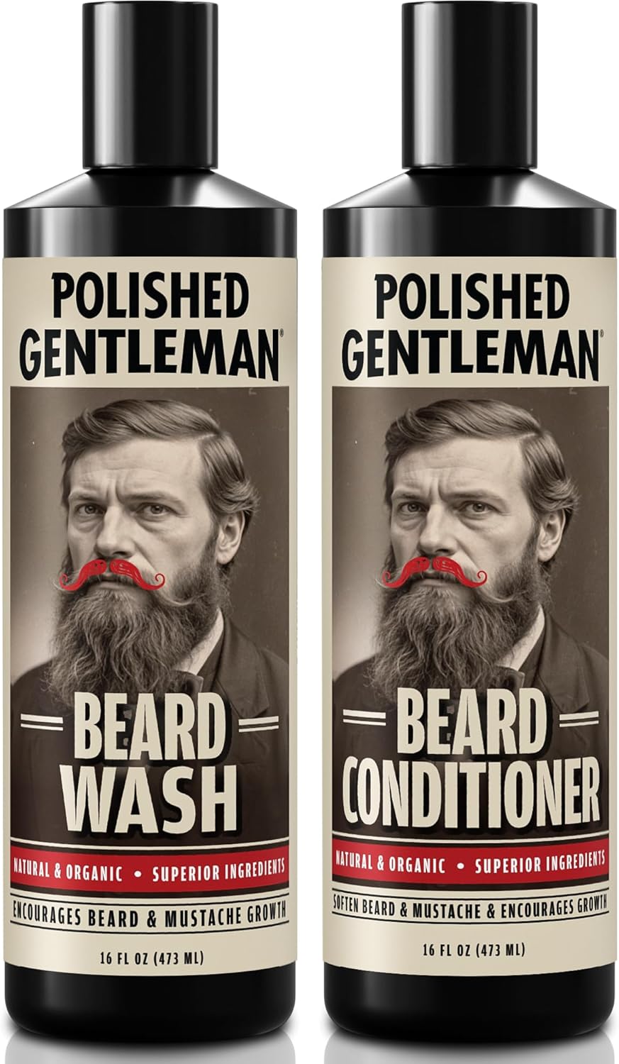 Polished Gentleman Beard Wash and Conditioner Set - Softens and Strengthens - Beard Shampoo with Growth Oil - Moisturizer & Beard Thickener - Tea Tree Unscented - Paraben-Free & Sulfate-Free (16oz)