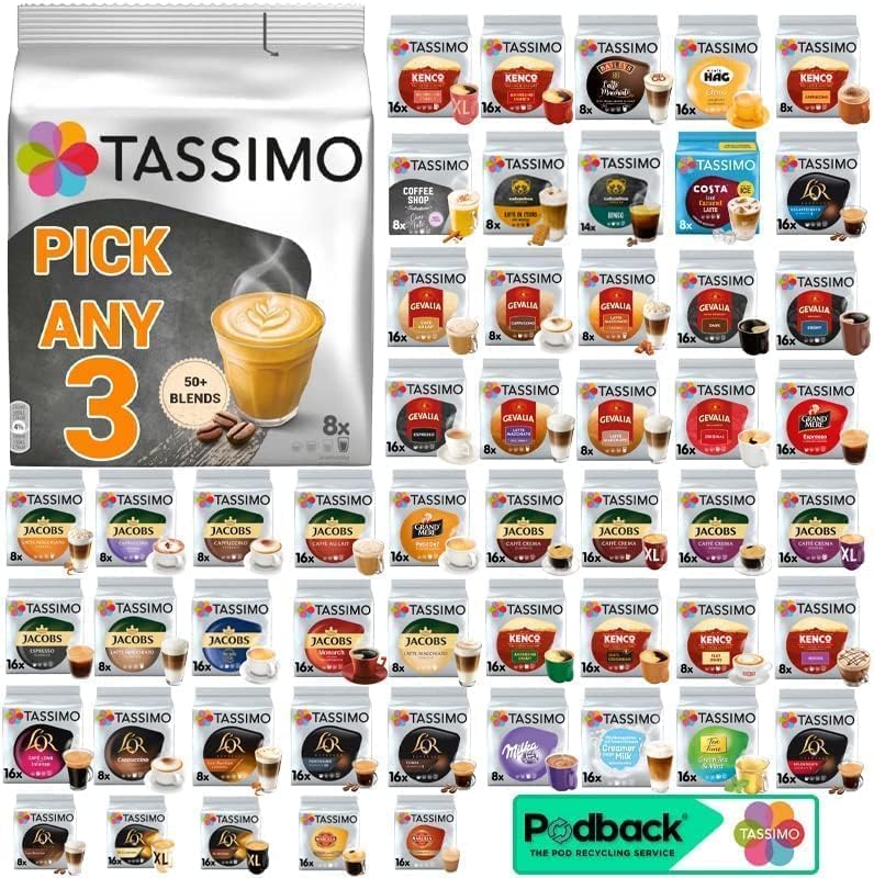 Tassimo Coffee, Tea, Chocolate Pods. Pick Any 3 Packs from 50+ Blends Including Kenco, Costa, Jacobs, Hot Chocolate, Chai latte, Baileys, Cadbury, Milka, Oreo, Cafe Hag and More.