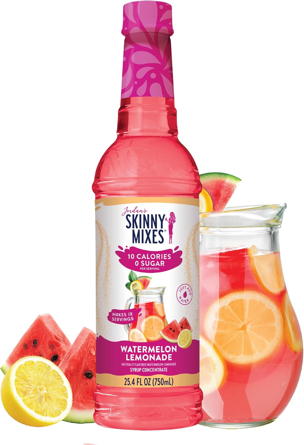 Jordan's Skinny Mixes Sugar Free Syrup, Watermelon Lemonade, Fruit Flavored Water Enhancer, Drink Mix Iced Tea, Lemonade, Drinks, Low Calorie Water Flavoring, Dairy & Gluten Free, Kosher, 25.4 Fl Oz