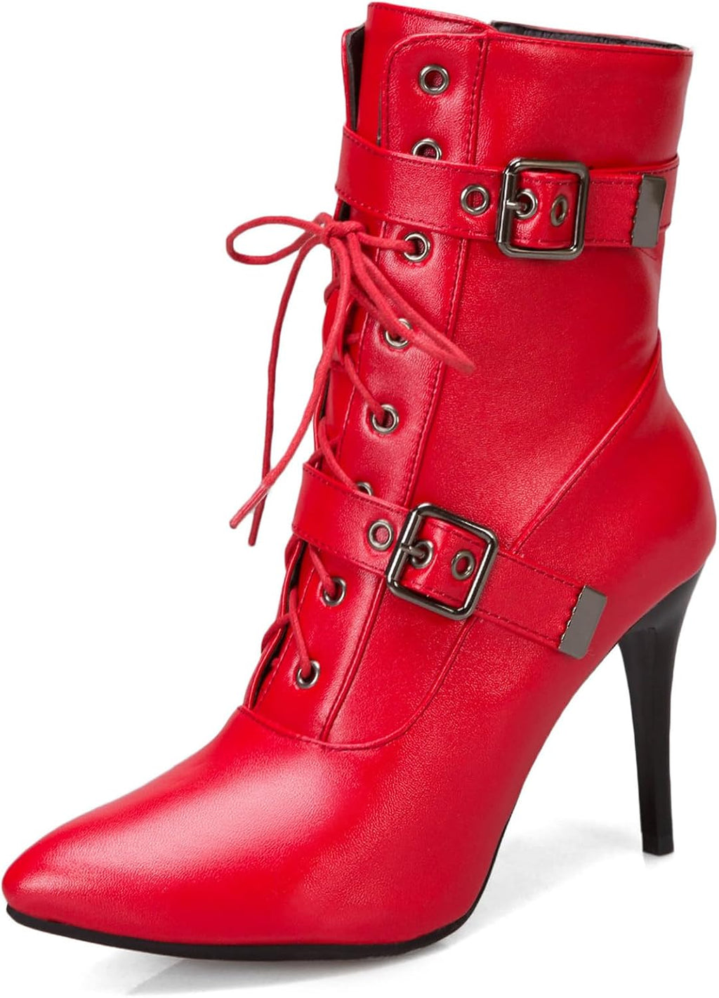 Women's Lace Up Stiletto Fashion Ankle Boots Sexy Pointed Toe Belt Buckle Side Zipper High Heel Booties Causal Party Prom Dress Boots