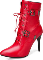 Women's Lace Up Stiletto Fashion Ankle Boots Sexy Pointed Toe Belt Buckle Side Zipper High Heel Booties Causal Party Prom Dress Boots