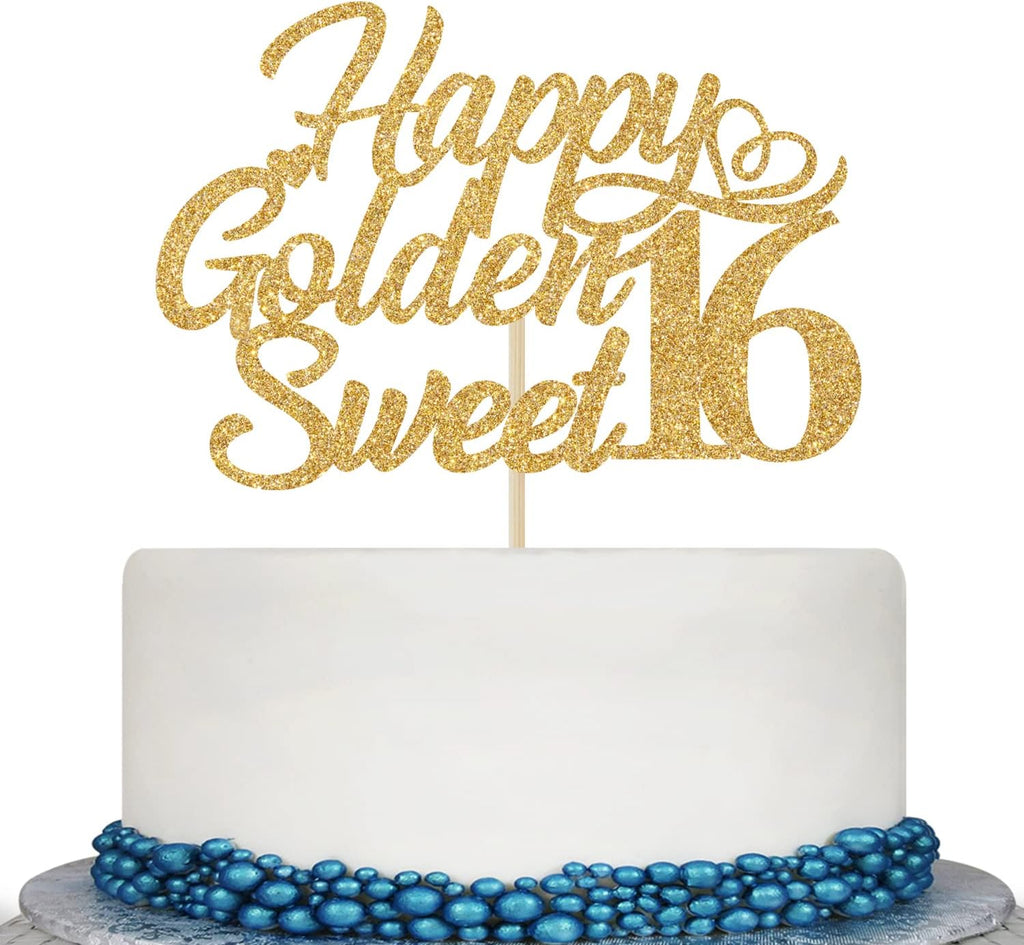 Happy Golden Sweet 16 Cake Topper - Happy 16th Birthday Cake Decorations - Sweet Sixteen, Hello 16, 16th Birthday Party Decorations Gold Glitter