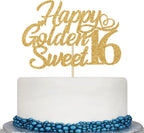 Happy Golden Sweet 16 Cake Topper - Happy 16th Birthday Cake Decorations - Sweet Sixteen, Hello 16, 16th Birthday Party Decorations Gold Glitter