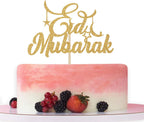 Eid Mubarak Cake Topper - Ramadan Party Decorations - Hajj Mubarak Festival Anniversary Party - Muslim Islam Celebration Decoration Gold Glitter.