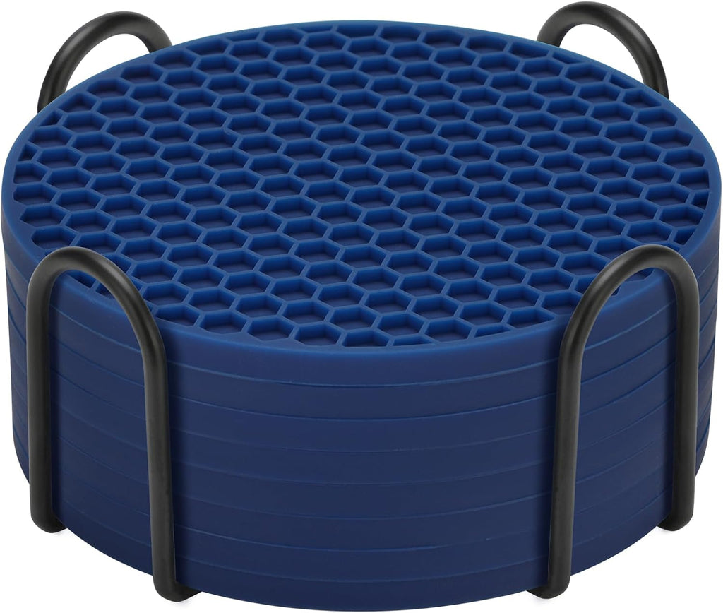 TWTLi Silicone Coasters Set of 8 with Holder,Coasters Drinks,Beer,Coffee Coasters,Suitable Kinds Cups,Hot or Cold,Anti-SLI,Non-Stick,Anti-Overflow Tabletop Protection and Decor (8 Pcs, Navy Blue)
