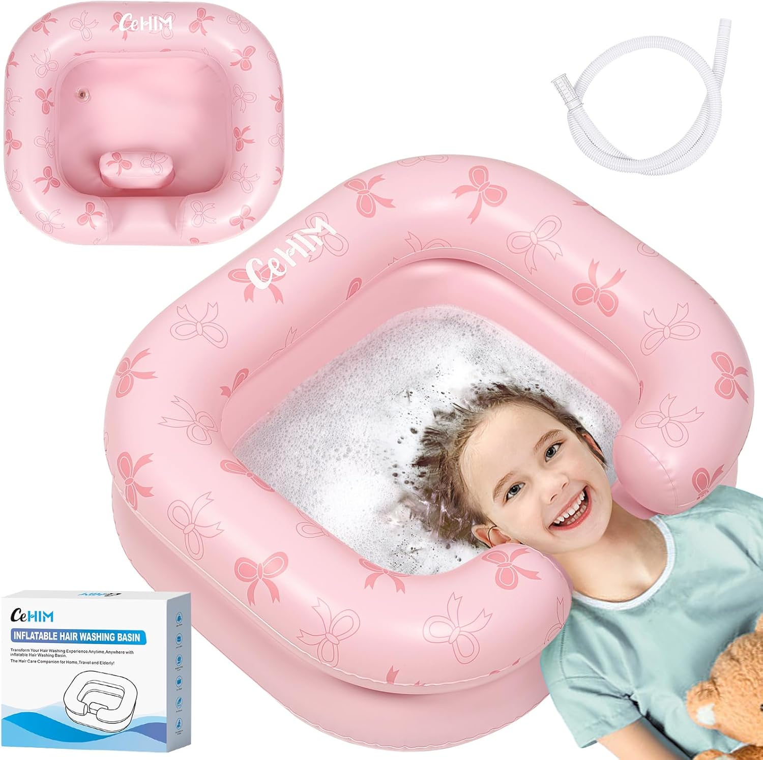 Inflatable Shampoo Basin - Portable Shampoo Bowl, Hair Washing Basin for Bedridden, Disabled,Injured, Hair Wash Tub for Dreadlocks and at Home Sink Washing (Pink-Bowtie, 15in Inner)
