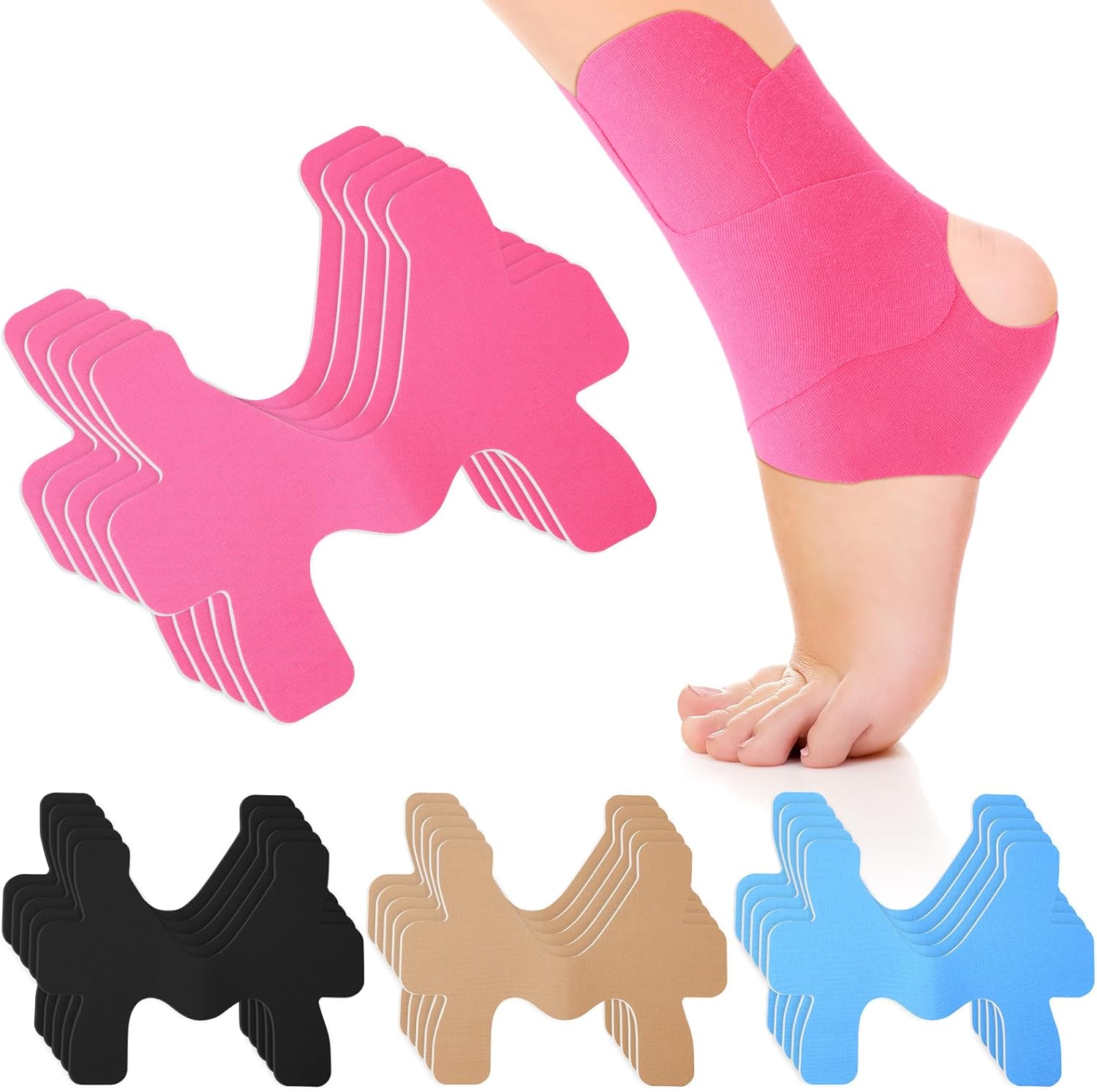 20 Pcs Kinesiology Tape for Ankle, Colorful Ankle Tape Athletic Waterproof Precut Kinesiology Taped Provides Knees Support and Stability for Ligament and Muscle (Black,Rose Red,Skin,Blue)