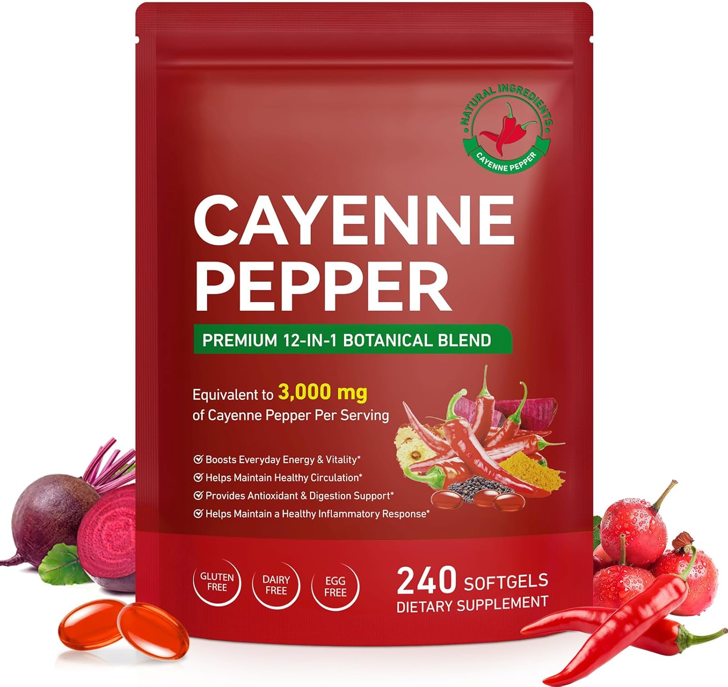 Cayenne Pepper Softgels Supplement | 12-in-1 per Serving with Vitamins D3, K2 & E | Supports Healthy Circulation & Daily Energy | Features Hawthorn, Beetroot & Turmeric | 240 Capsules