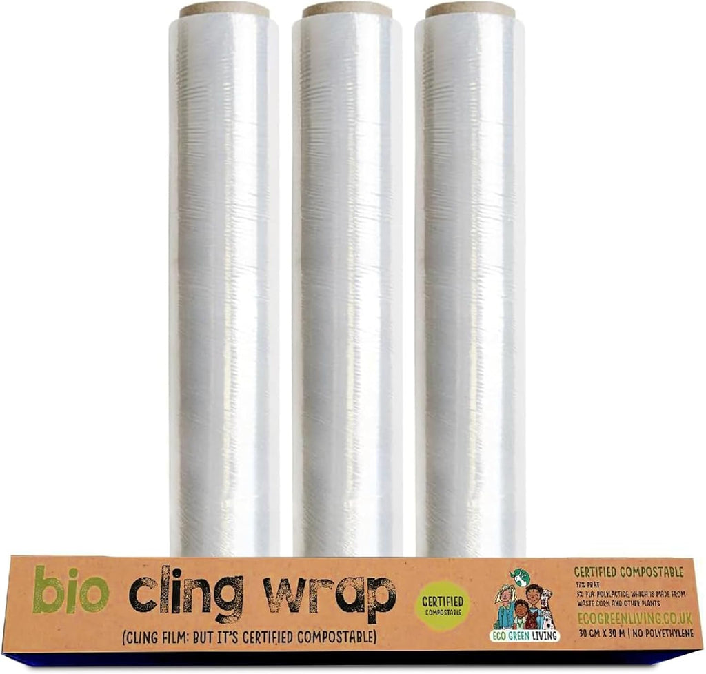 Eco Green Living Biodegradable Cling Film Bio Cling Wrap 100% Compostable, BPA & Plastic-Free Food Wrap, Vegan, Fridge & Freezer Safe, Recyclable Cardboard Dispenser. 3 Pack 30cm x 30m