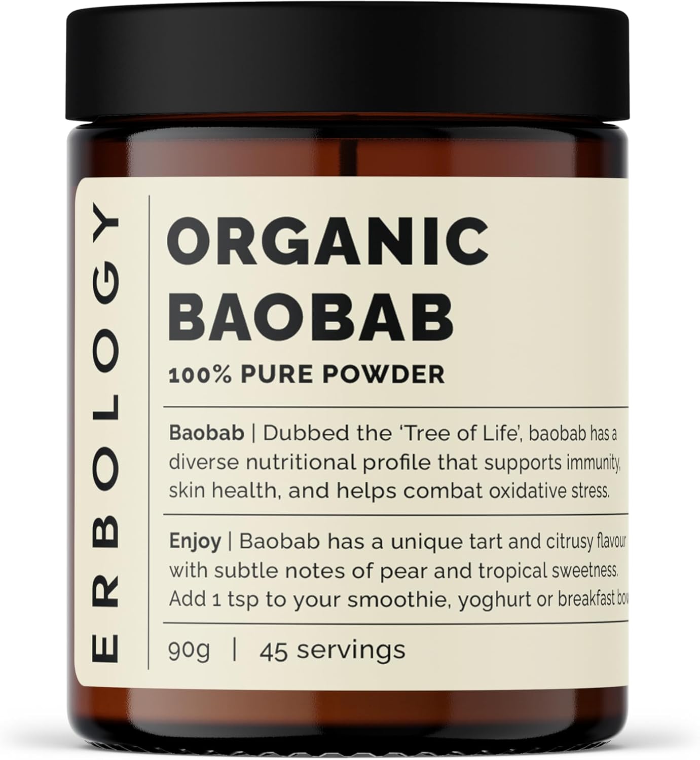 Erbology Organic Baobab Powder 3.2 oz - 45 Servings - Skin Health and Immunity Support - Rich in Vitamin C, B Vitamins and Polyphenols - Sustainably Sourced Straight from Farm - Vegan - GMO-Free