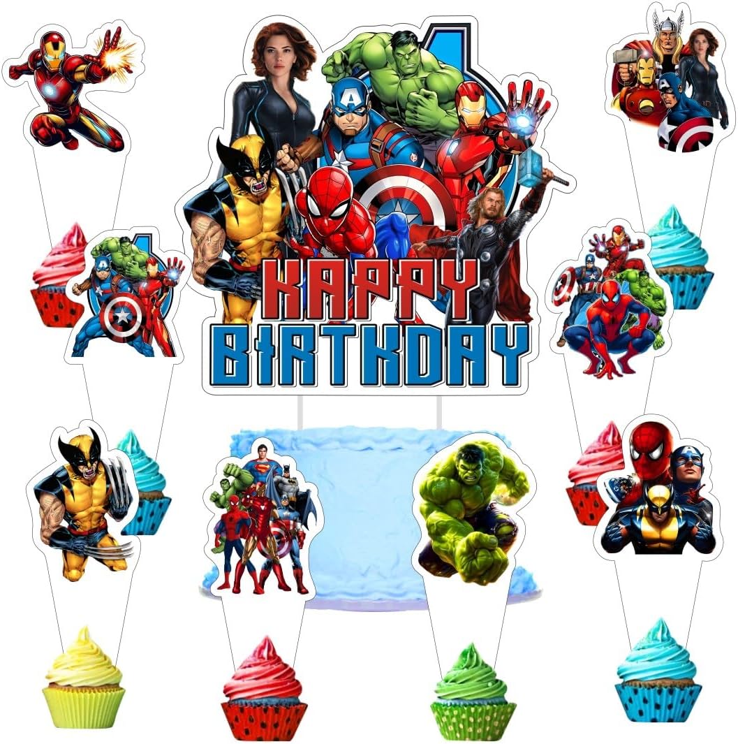 25pcs Superhero Cake Decorations with 24pcs Cupcake Toppers, 1pcs Cake Topper for Superhero Birthday Party Supplies