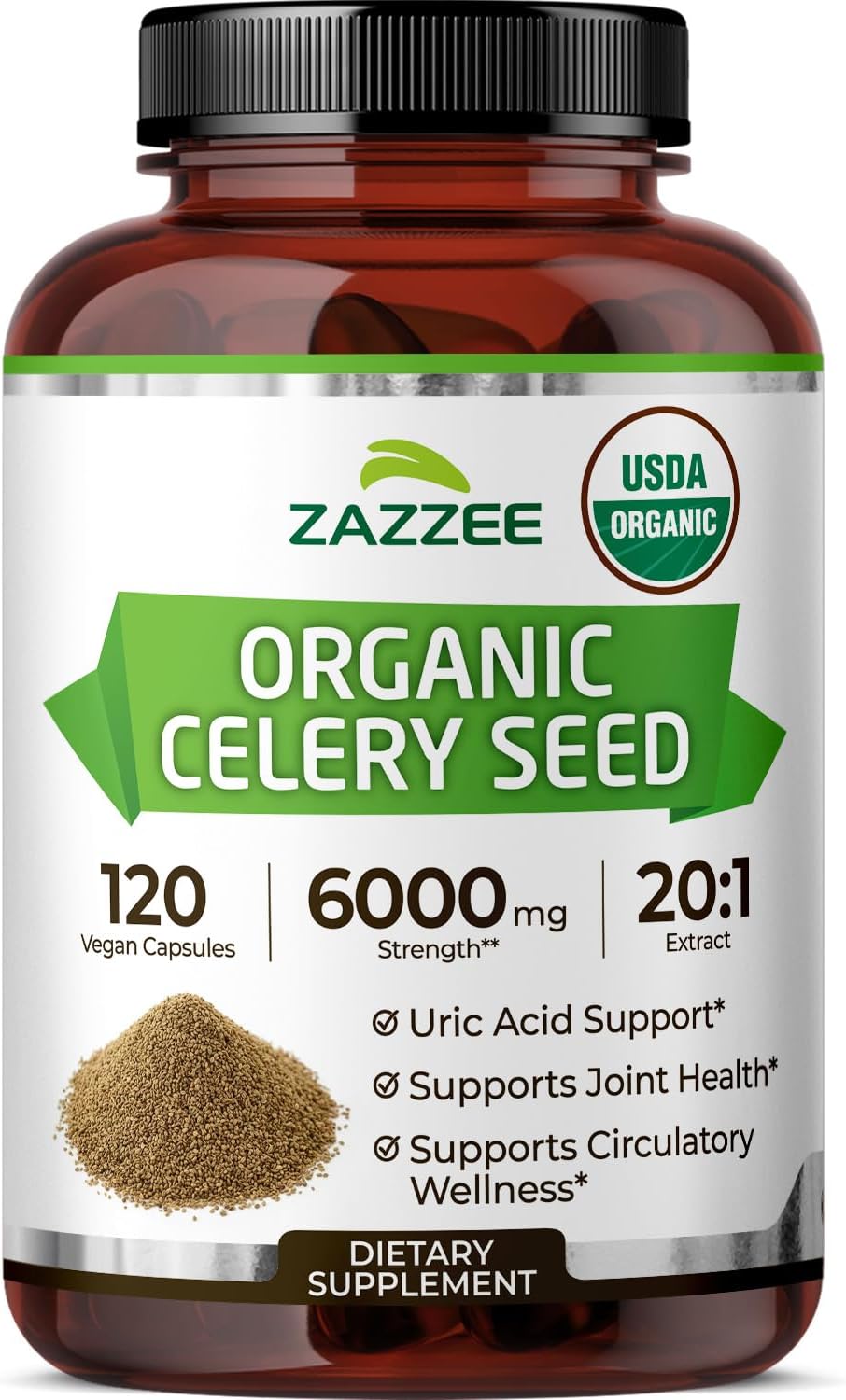 Zazzee USDA Organic Celery Seed 20:1 Extract, 120 Vegan Capsules, 4 Month Supply, Apium Graveolens, Antioxidant & Cellular Support, Organic Herbal Supplement, All-Natural, Non-GMO, Made in the USA