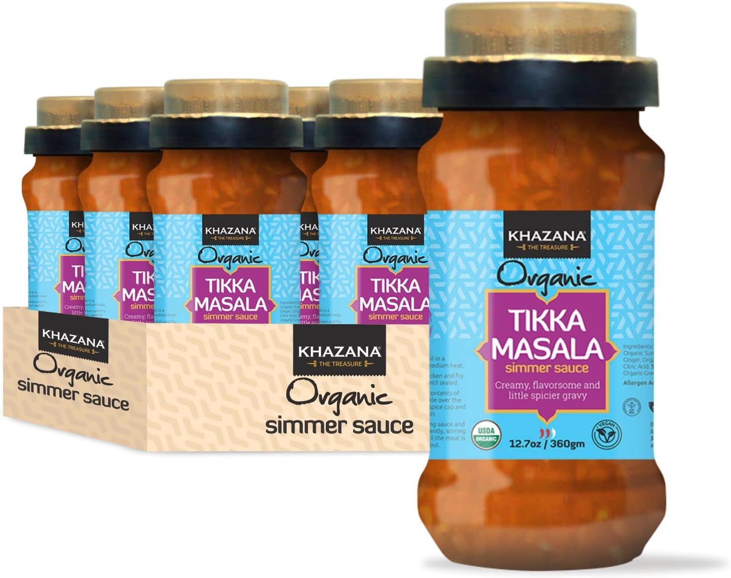 Khazana ORGANIC Tikka Masala Indian Simmer Sauce - 6 x 12.7oz Jars | Non-GMO, Vegan, Gluten Free, Kosher | Authentic Indian Meals Made Easy at Home!