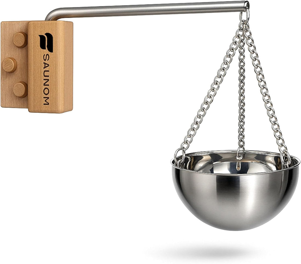 Premium Sauna Aromatherapy Bowl with Durable Swing Arm – Perfect Easy to Install Sauna Oil Aromatherapy Holder for Sauna – Rust-Proof Stainless Steel, 13.5 oz Capacity, Mounting Screws Included