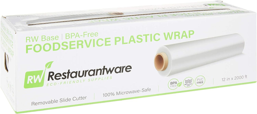 Restaurantware RW Base 12 Inch x 2000 Feet Cling Wrap 1 Roll Microwavable Cling Film - With Removable Slide-Cutter Clear Plastic Food Wrapping Film Securely Seal And Keep Food Fresh
