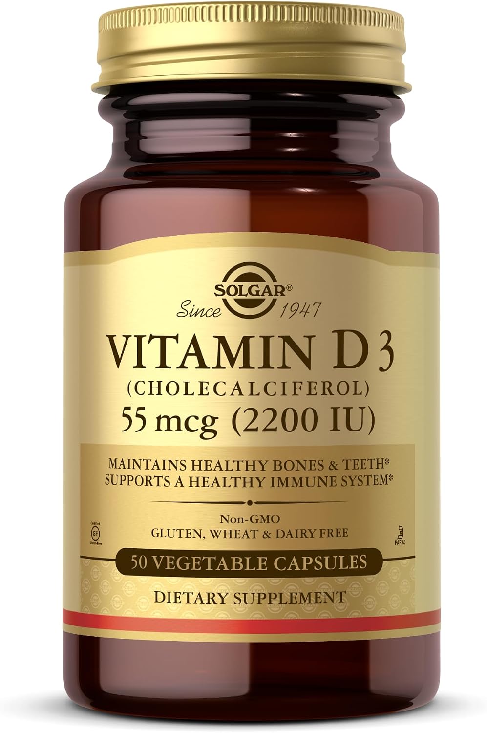 Solgar Vitamin D3 (Cholecalciferol) 55 mcg (2200 IU), 50 Vegetable Capsules - Helps Maintain Healthy Bones & Teeth - Immune System Support - Non-GMO, Gluten Free, Dairy Free, Kosher - 50 Servings